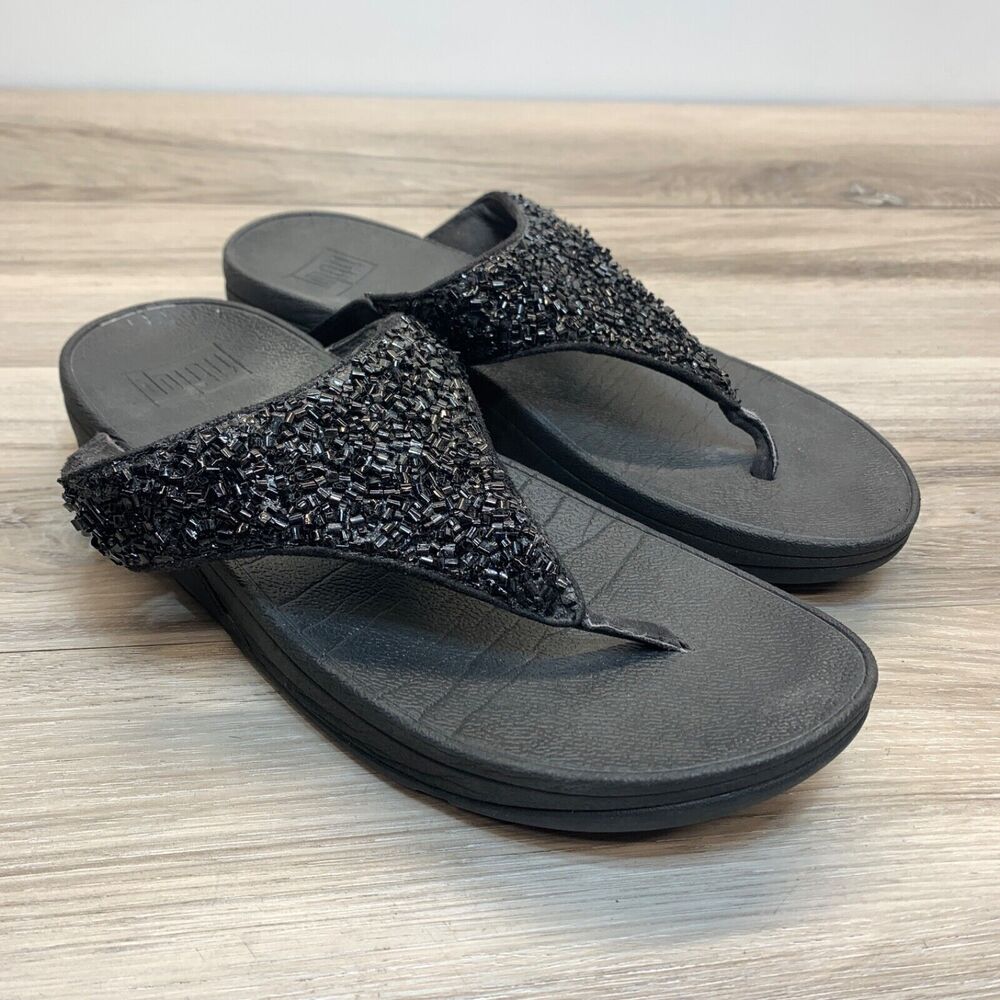 FitFlop LULU Shimmer foil Toe-Post wedge Thong Sandals Womens Size 8 CJ2-090